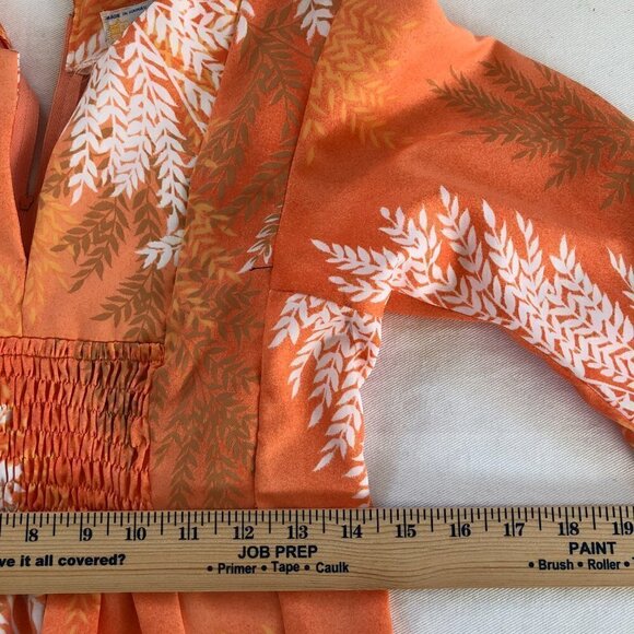 Vintage Andrade Maxi Hostess Dress Small Soft Orange Leaf Print Flare Sleeves - Picture 8 of 9